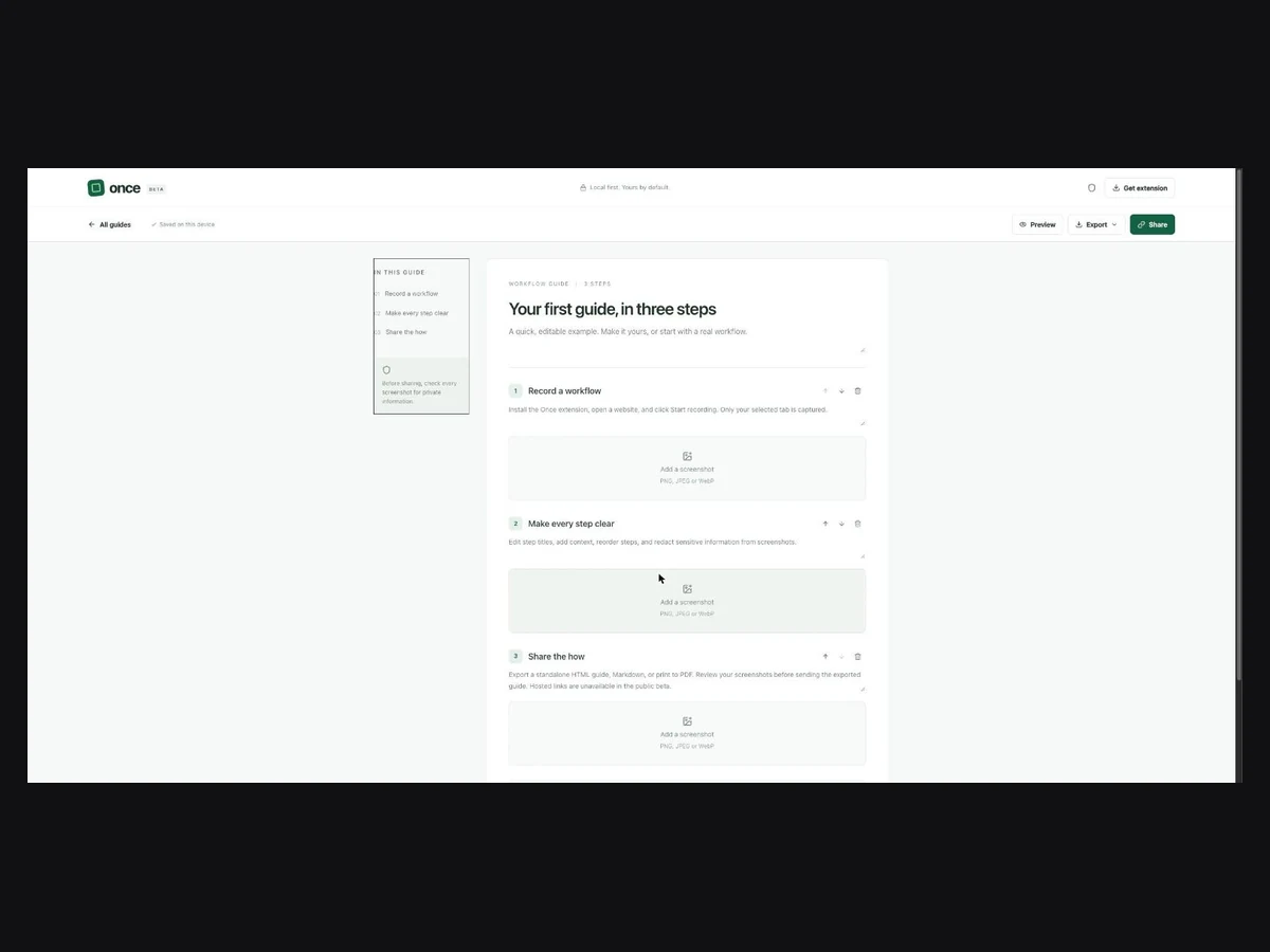 The editor — a recorded workflow as ordered steps, each with its own screenshot, title and note.