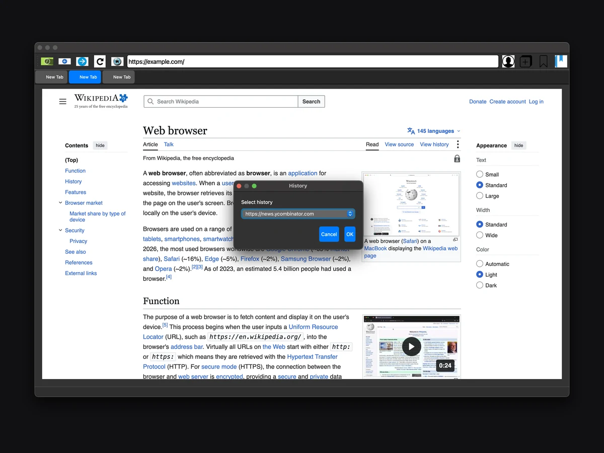 History, read back out of SQLite — the state a browser keeps is the part I wanted to build by hand.