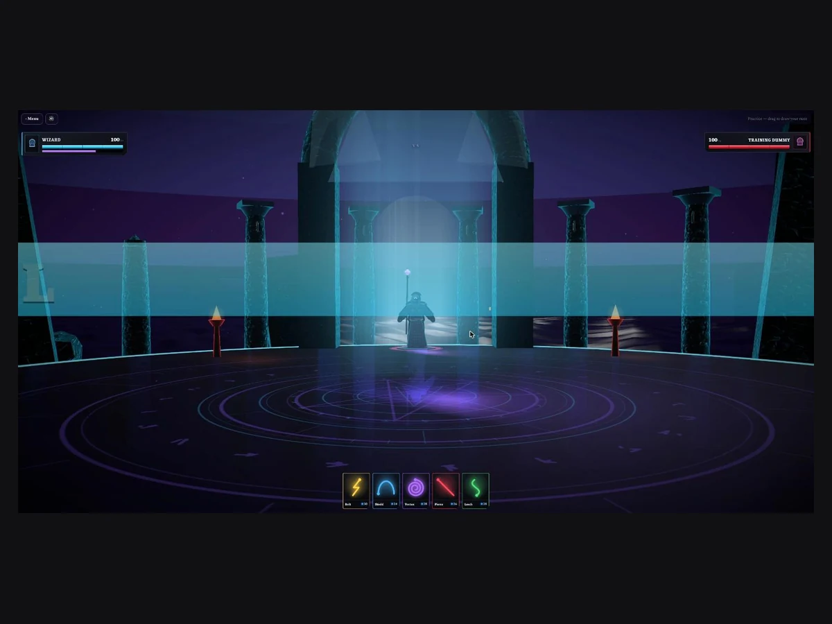 A practice duel in the arena — health bars, the five-spell hand, and the rune you draw to cast.