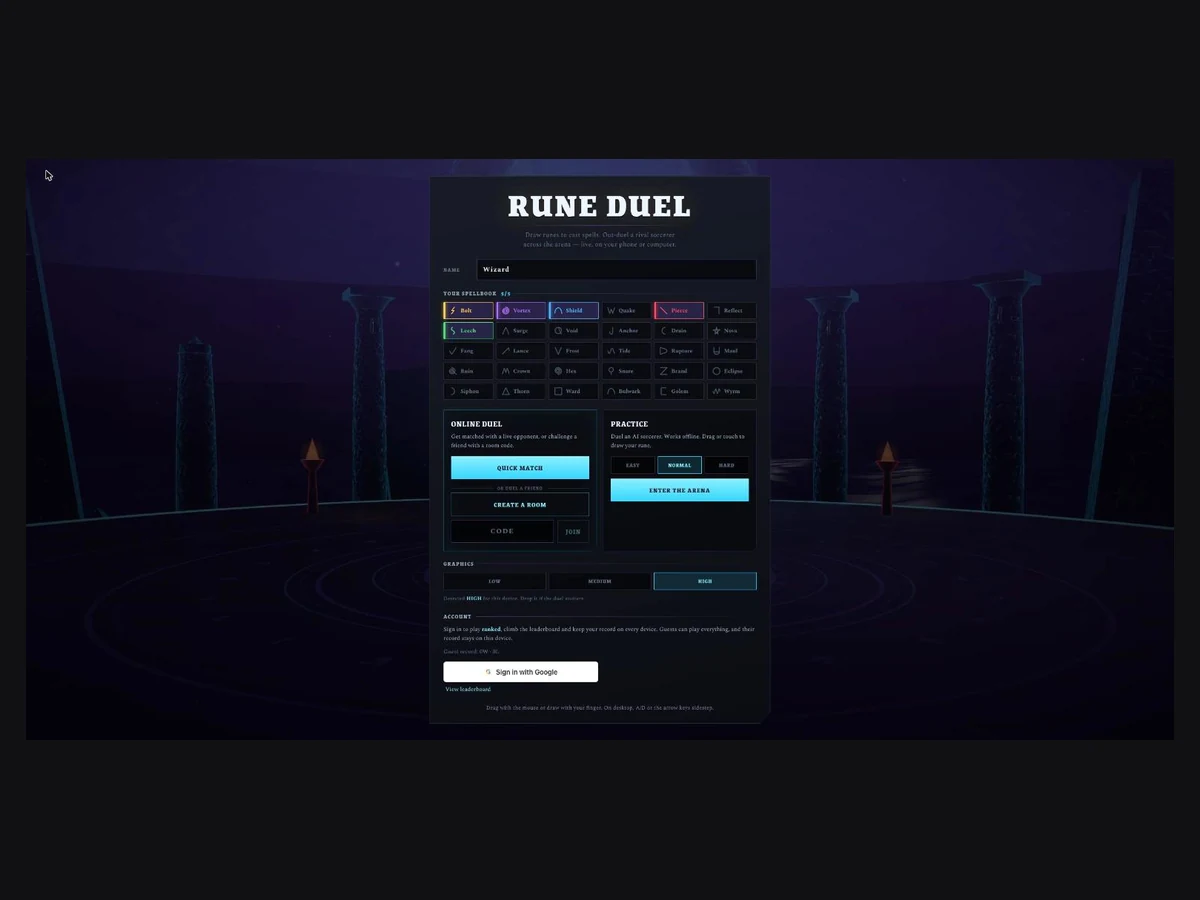 Before the duel: five spells chosen from thirty, quick match or a room code, and a graphics tier detected per device.