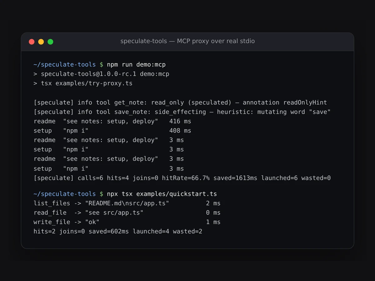 The mechanism over real stdio. Once the proxy has learned the pattern, 400 ms reads come back in about 3 ms.